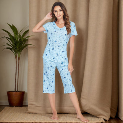 Women's home wear suit short-sleeved shorts two-piece set printed home pajamas suit