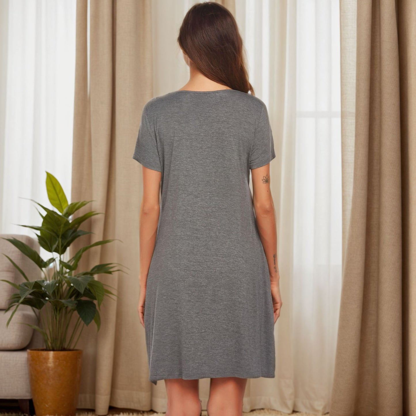 Nightdress Spring and Summer Short Sleeve Pocket Pullover Button Home Clothes Pajamas Women