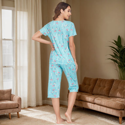 Women's home wear suit short-sleeved shorts two-piece set printed home pajamas suit