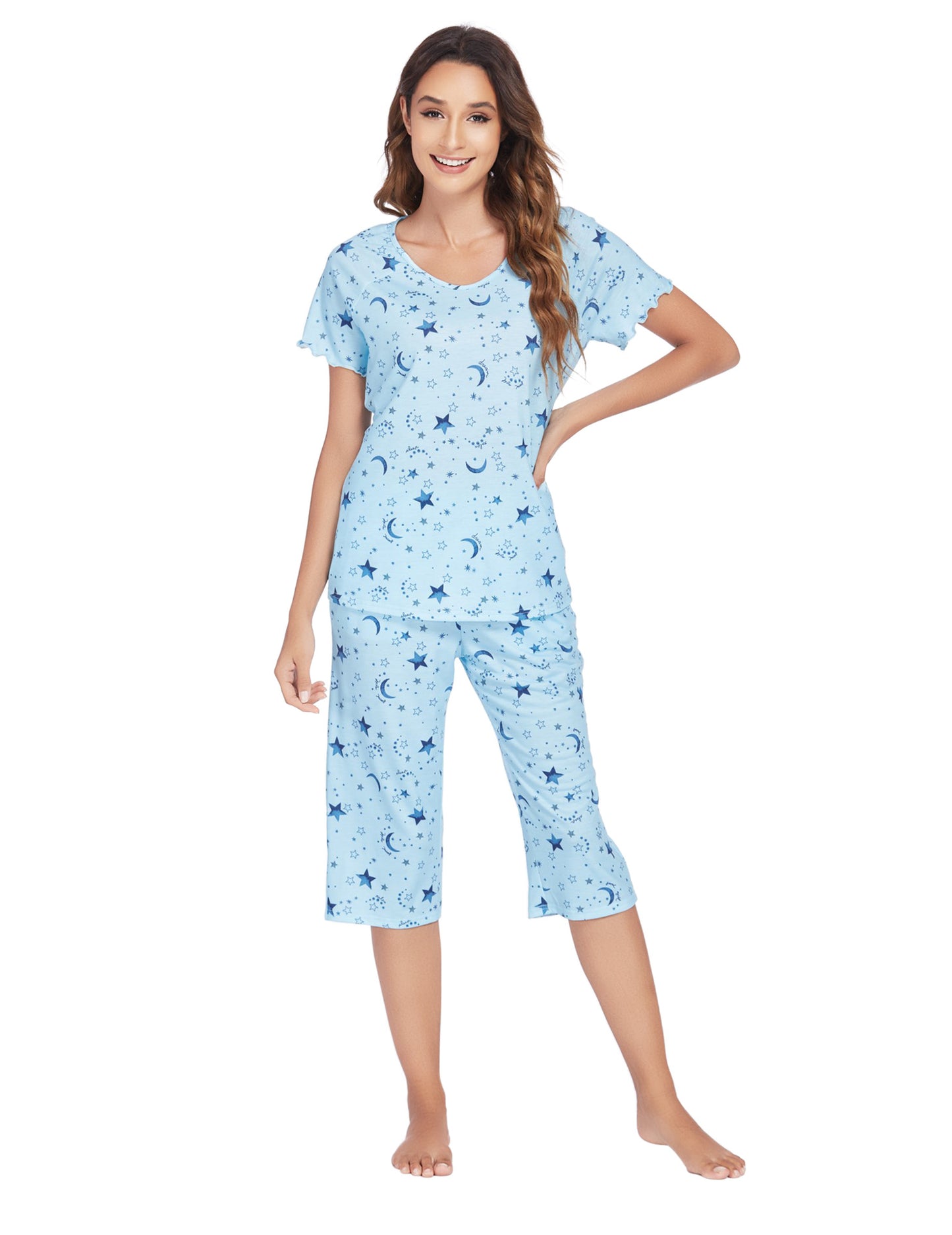 Women's home wear suit short-sleeved shorts two-piece set printed home pajamas suit