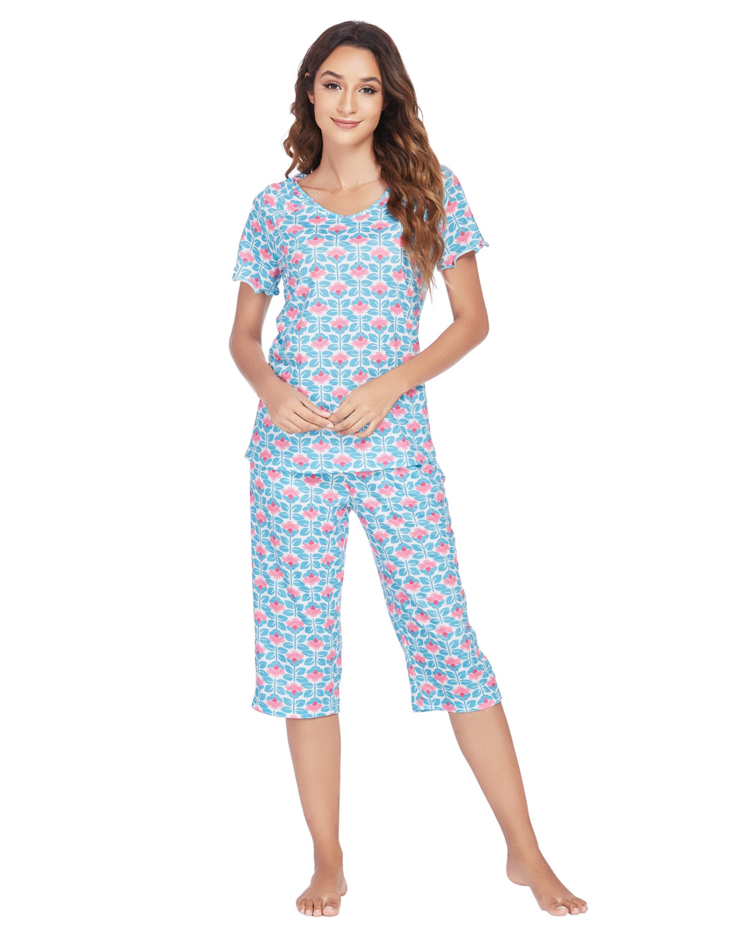 Women's home wear suit short-sleeved shorts two-piece set printed home pajamas suit