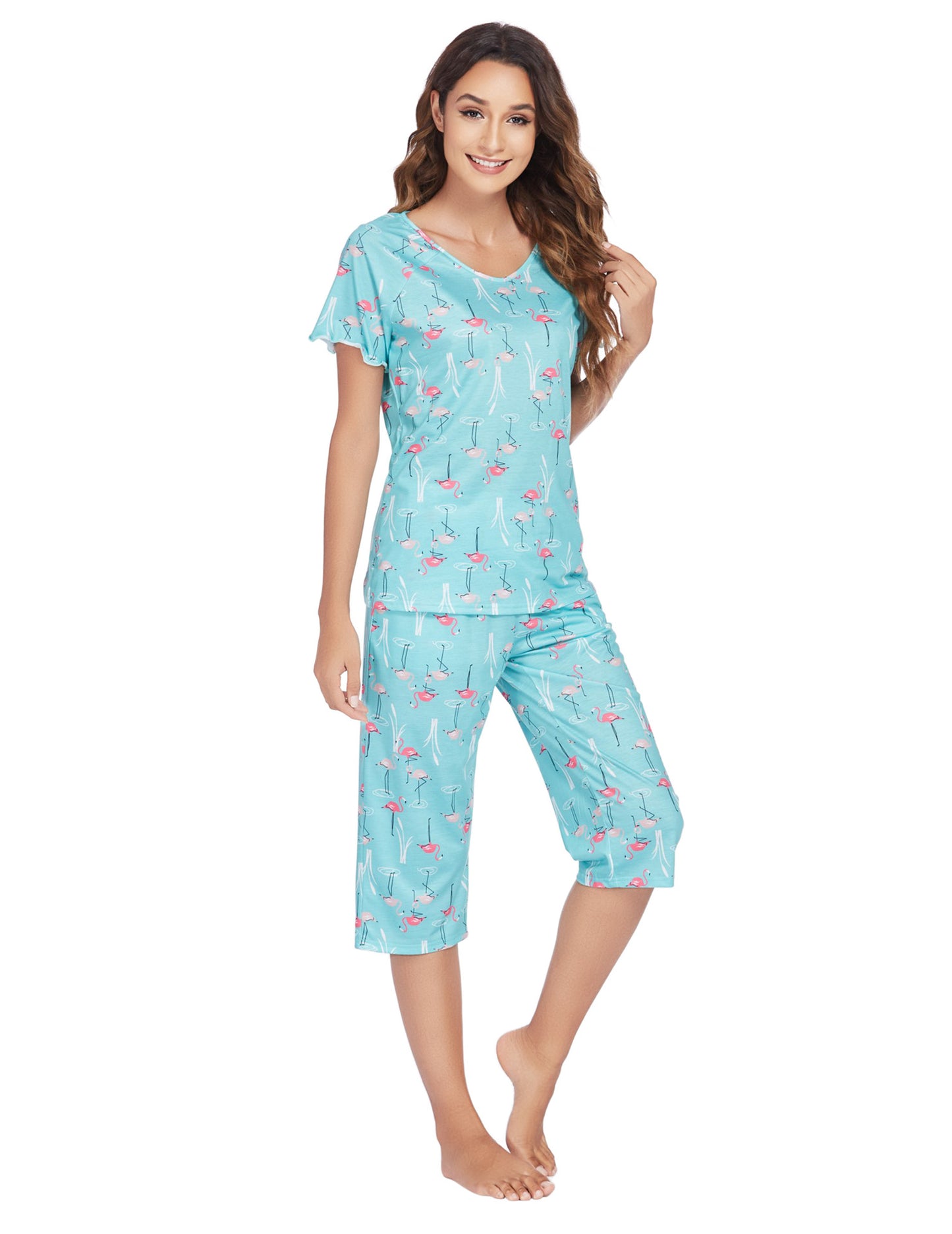 Women's home wear suit short-sleeved shorts two-piece set printed home pajamas suit